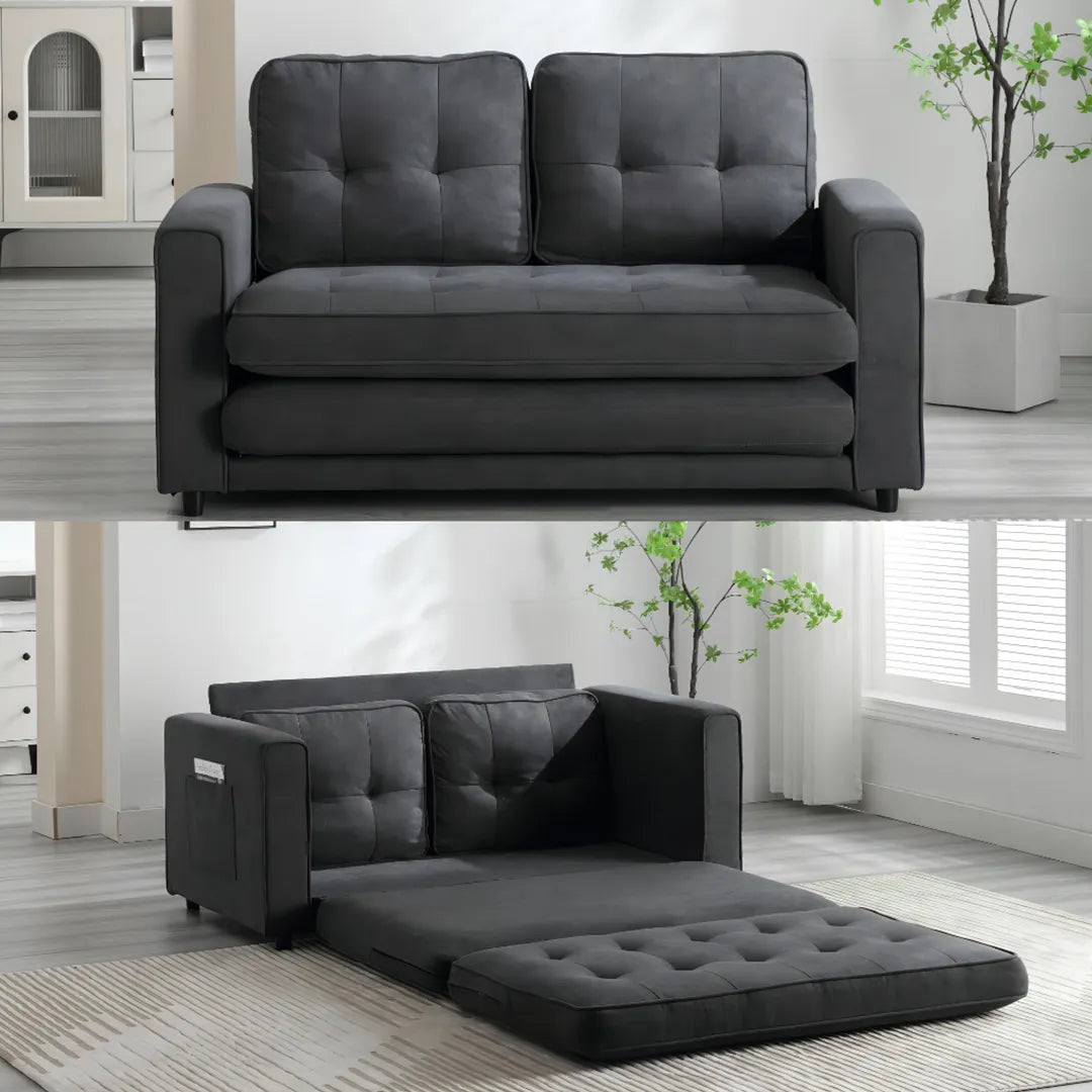 3 Fold Tufted Futon Sofa Bed with Storage Pockets