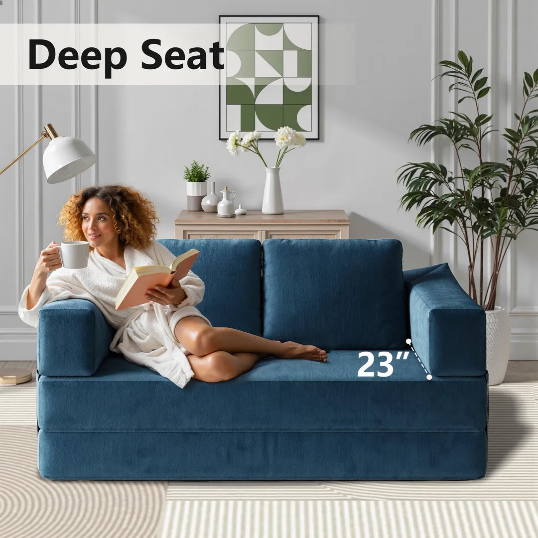 Girl sitting on blue deep seat floor sleeper sofa