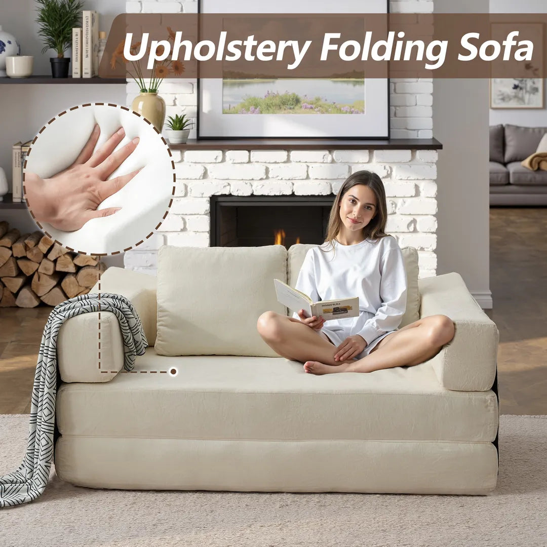 girl sitting on the upholstery folding sofa