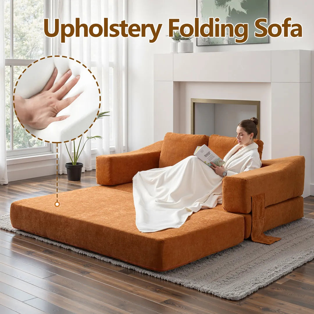Girl sitting on the upholstery folding sofa bed