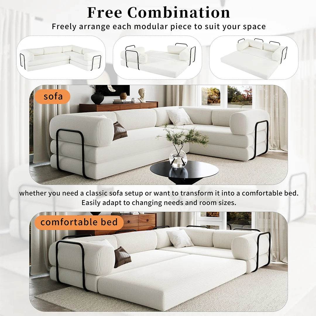 L-Shaped Modular Corduroy Sofa Bed