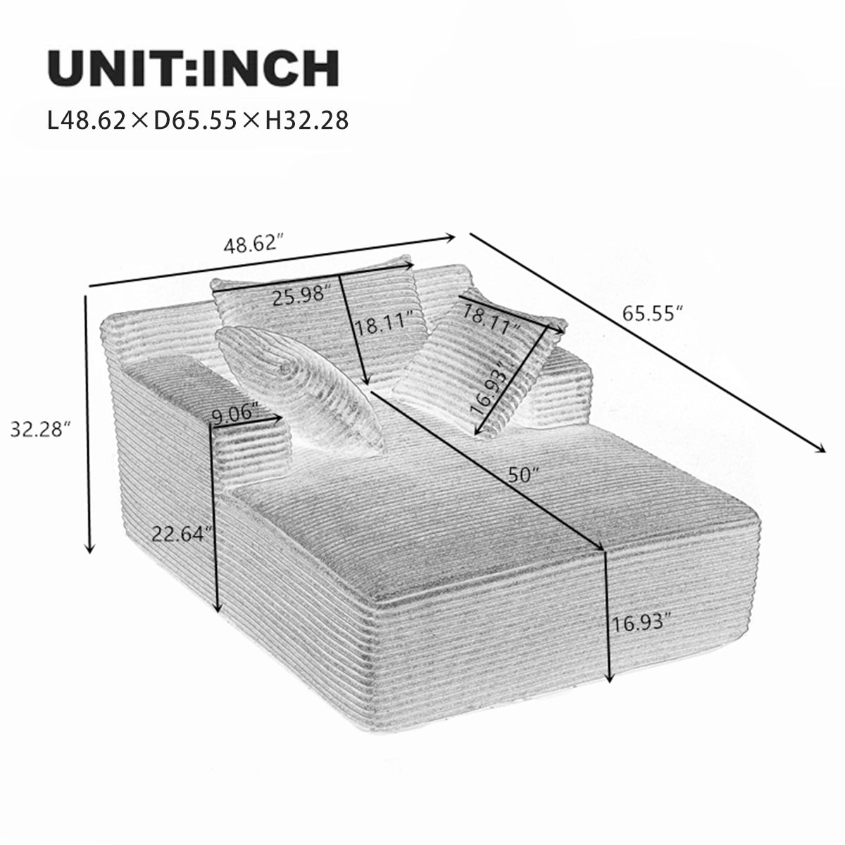 48.5"W Corduroy Chaise Lounge Sofa