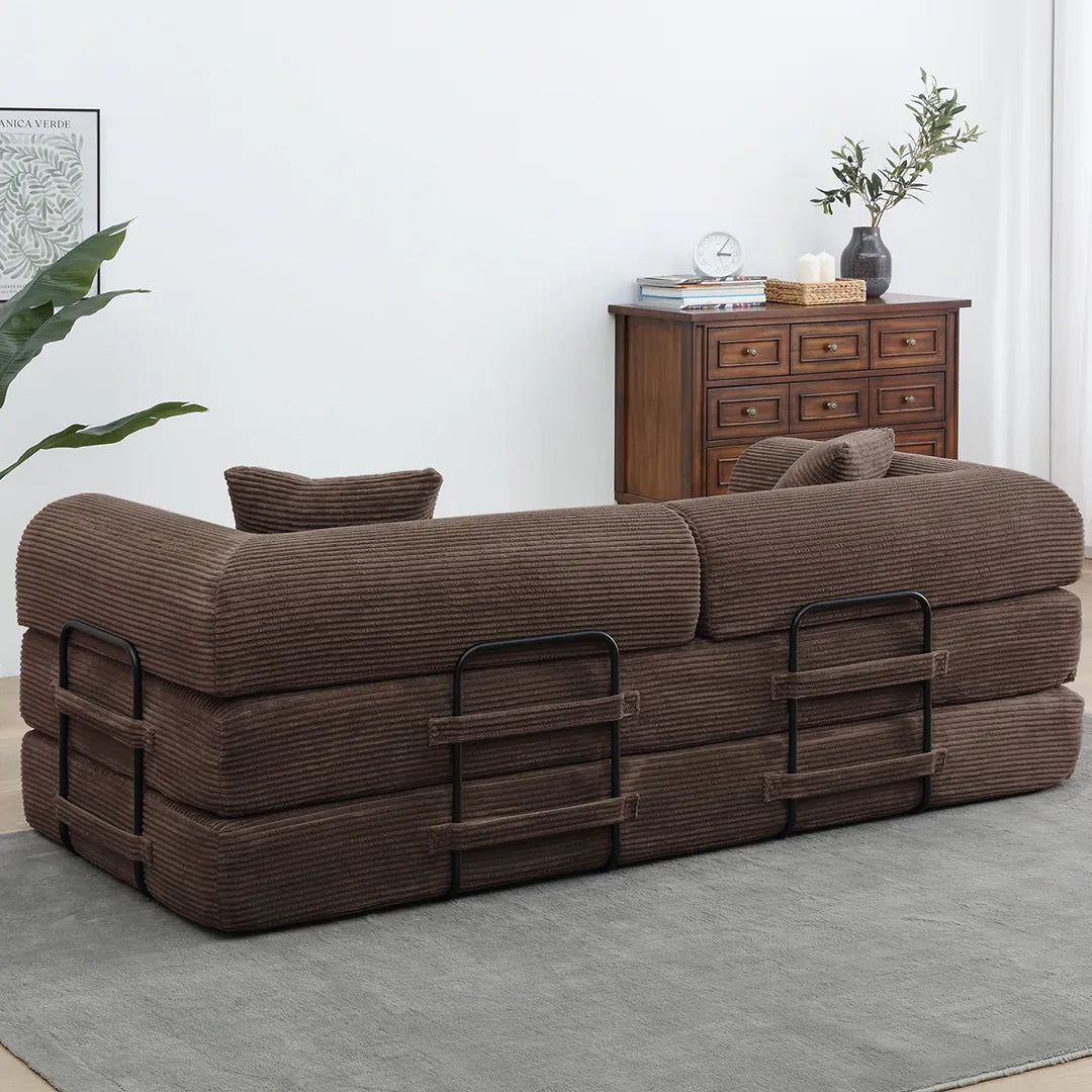 Back view of foldable king size sleeper couch with frame
