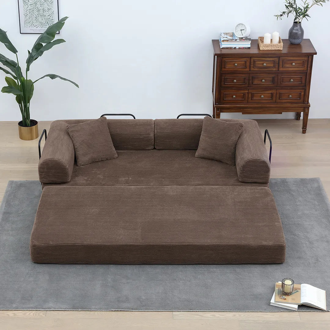 Brown foldable floor sofa bed with pillows