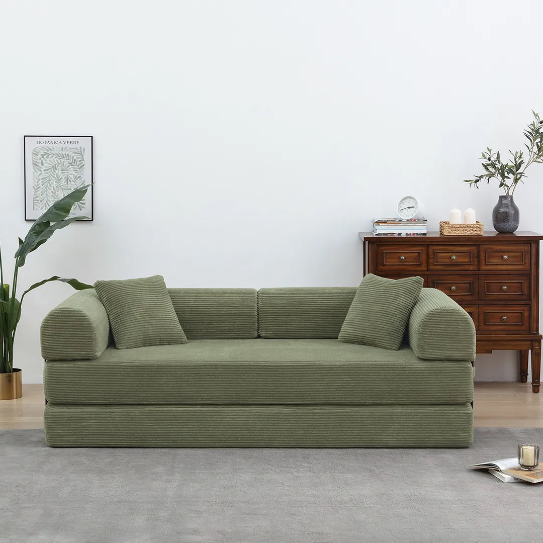 Light green foldable floor sofa bed with pillows