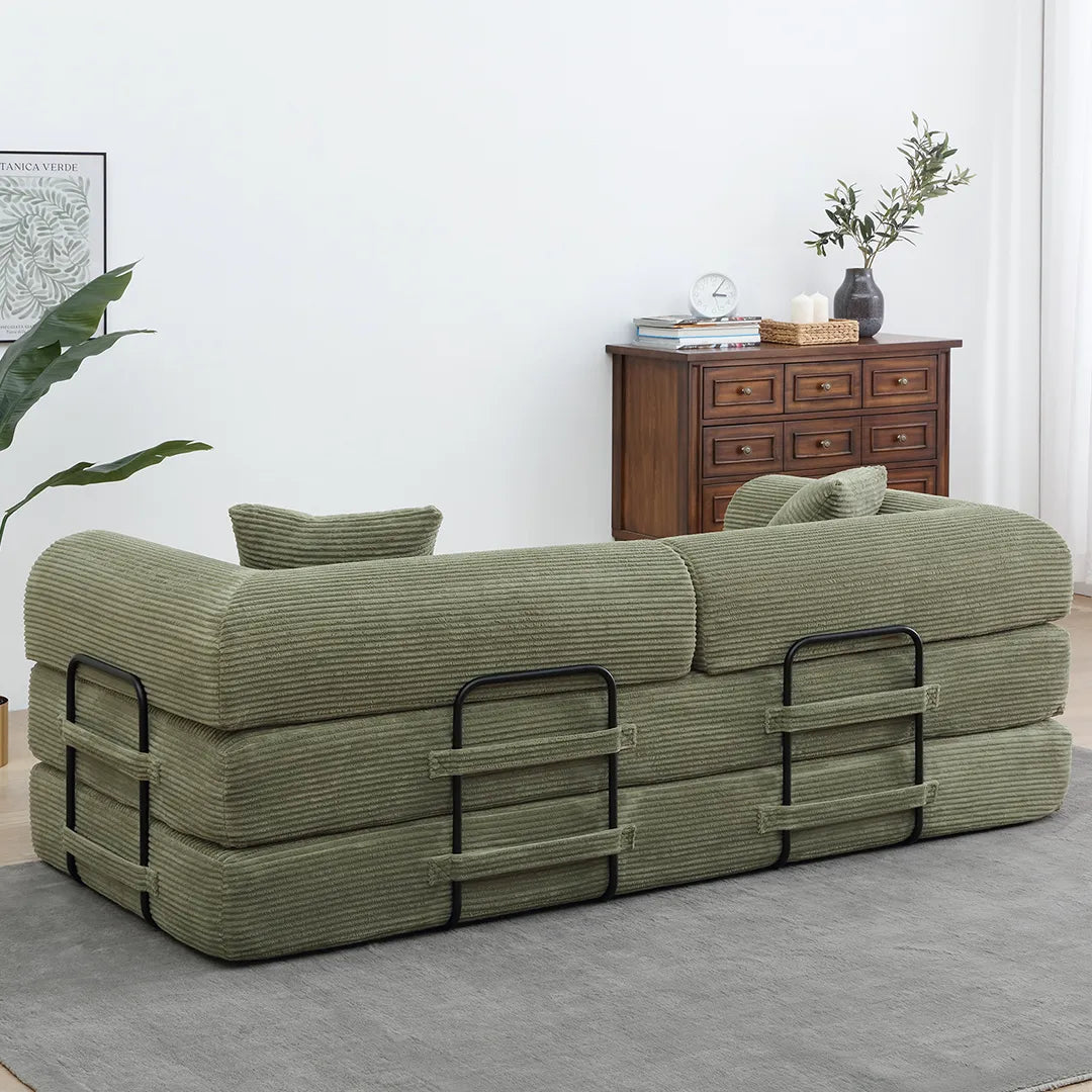 Back view of foldable king size sleeper couch with frame