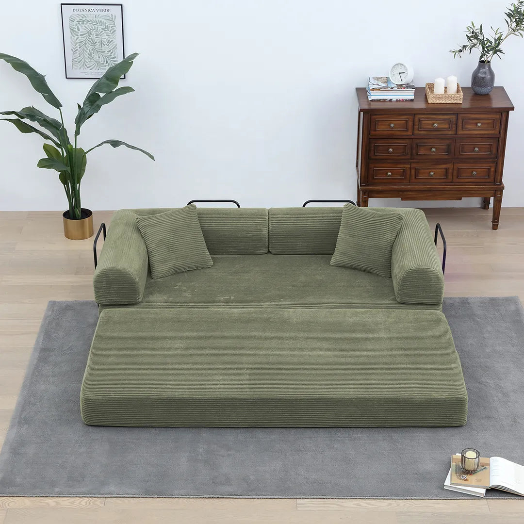 Light green foldable floor sofa bed with pillows for living room