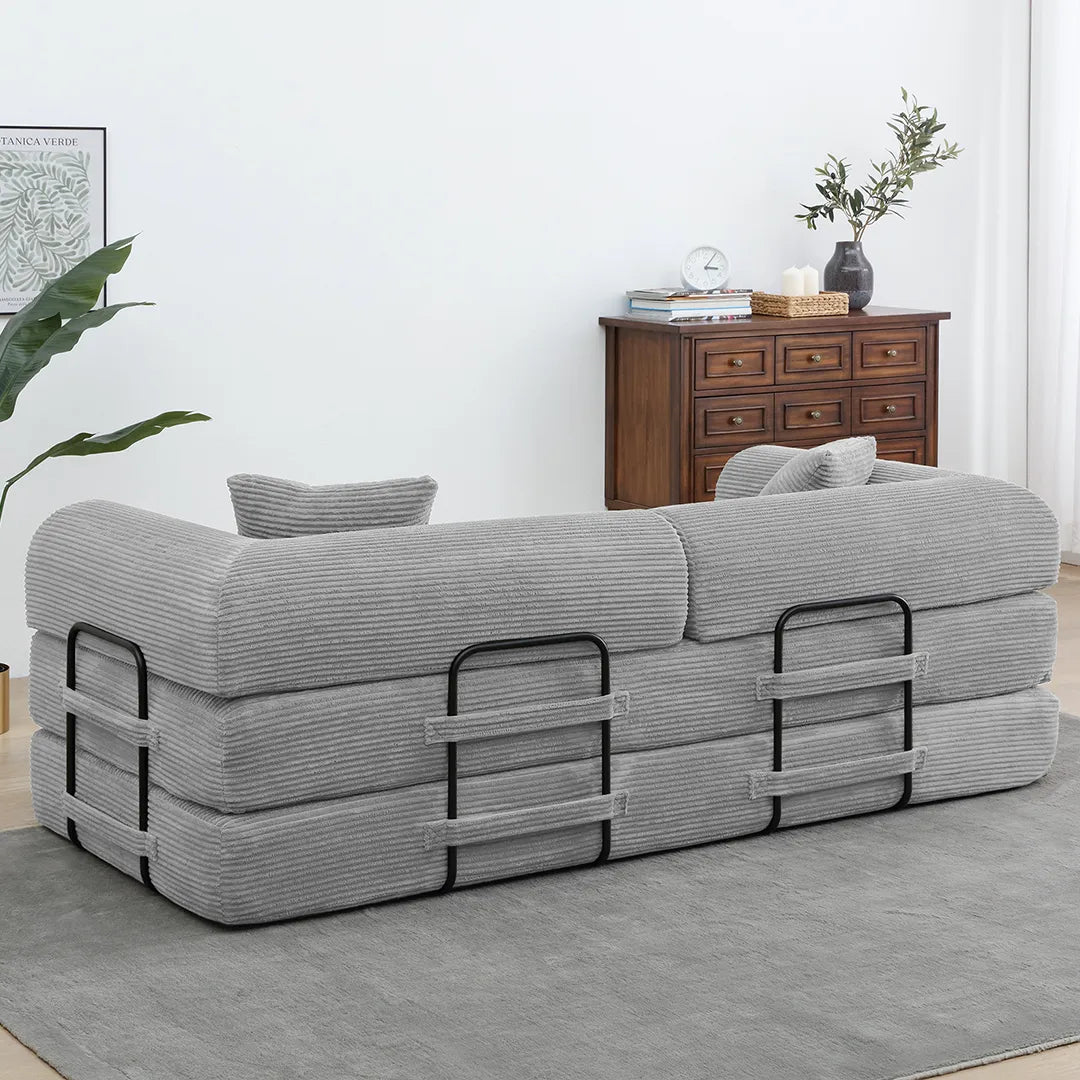 Back view of foldable king size sleeper couch with frame