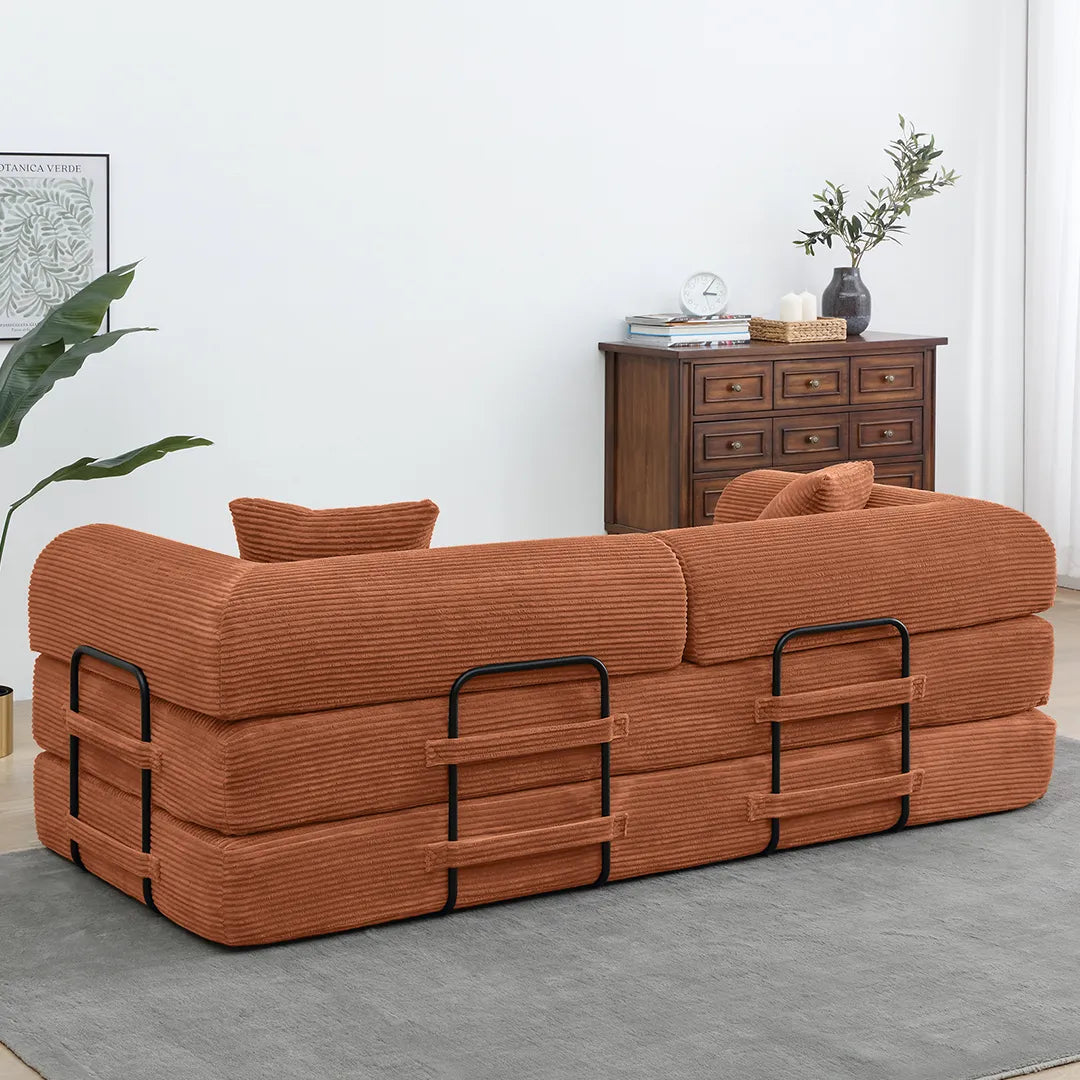Back view of foldable king size sleeper couch with frame
