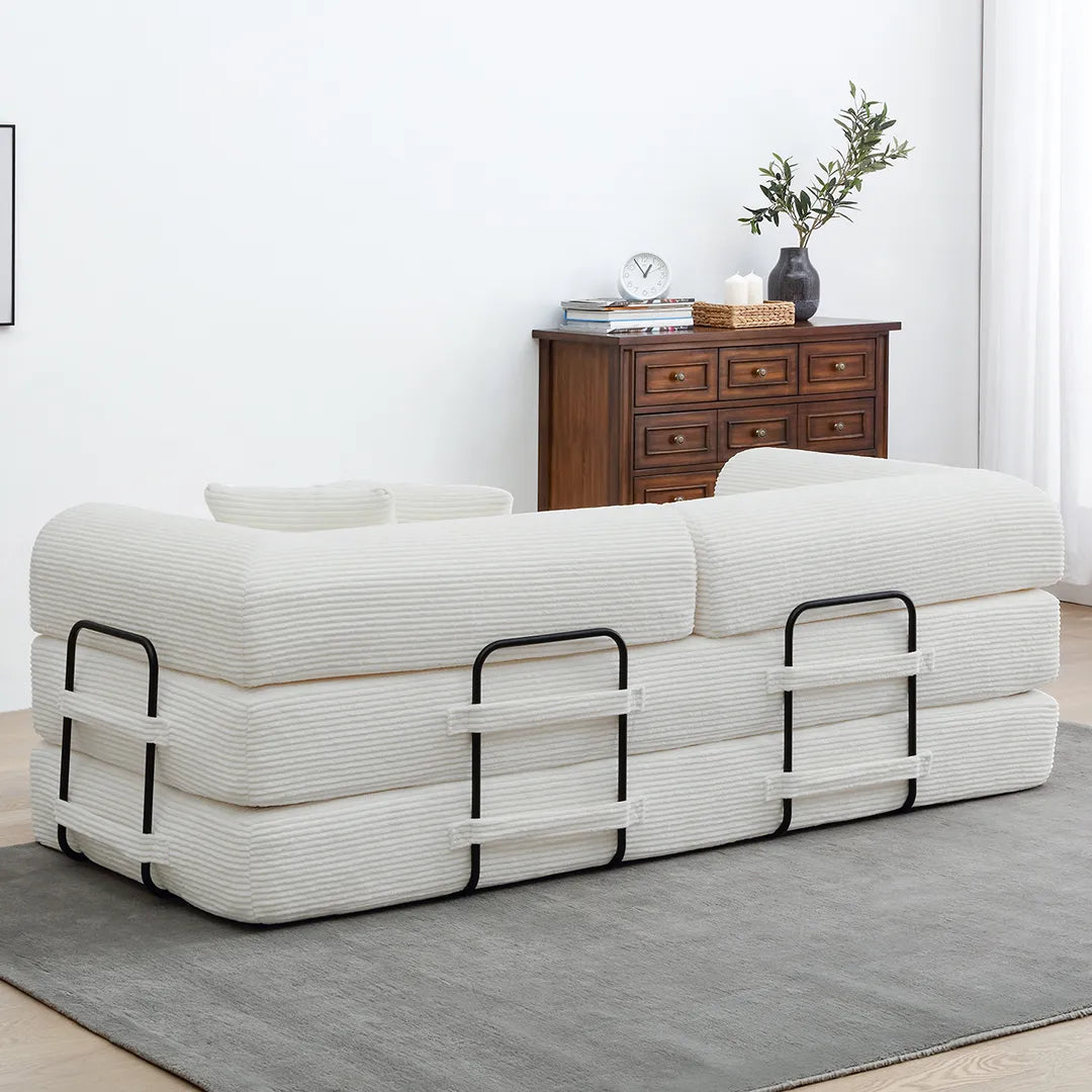 Back view of foldable king size sleeper couch with frame